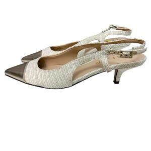 NEW Unisa Farrone Tweed Kitten Heels Size 9M Pointed Cap Toe Preppy White Gold